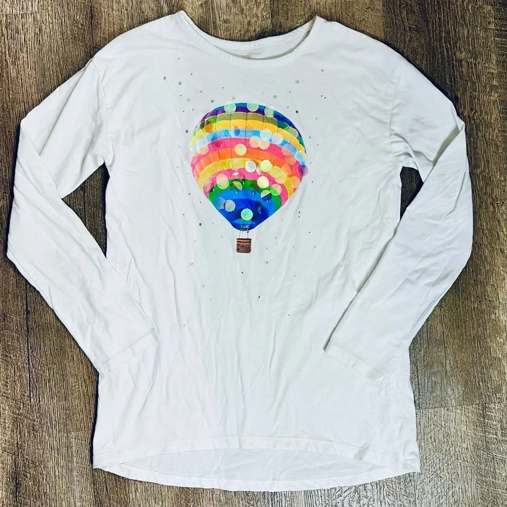1989 Place Girls 14/16 Rainbow Hot Air Balloon Graphic Tee Long Sleeve Studded